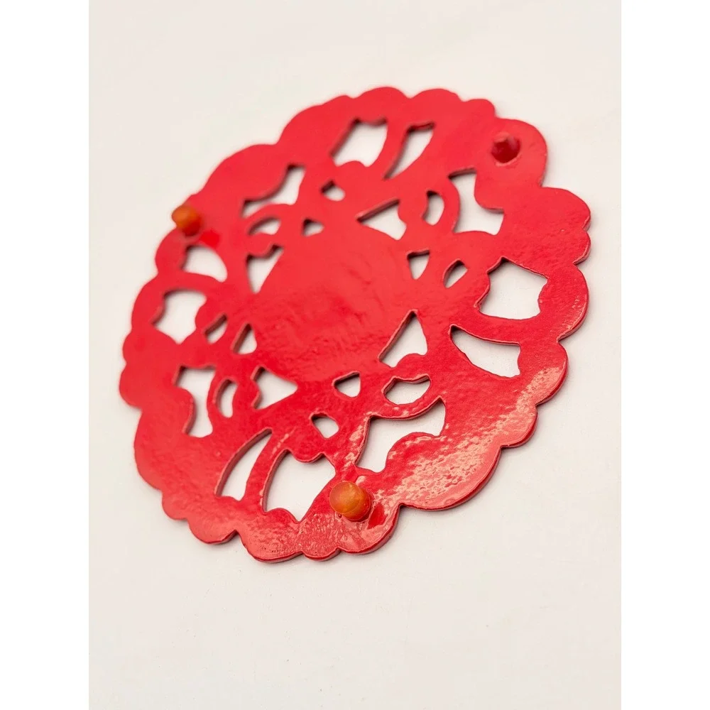 Vintage Red Cast Iron Trivet Round Enamel Filigree Scrollwork 8 Inch Hot Pad